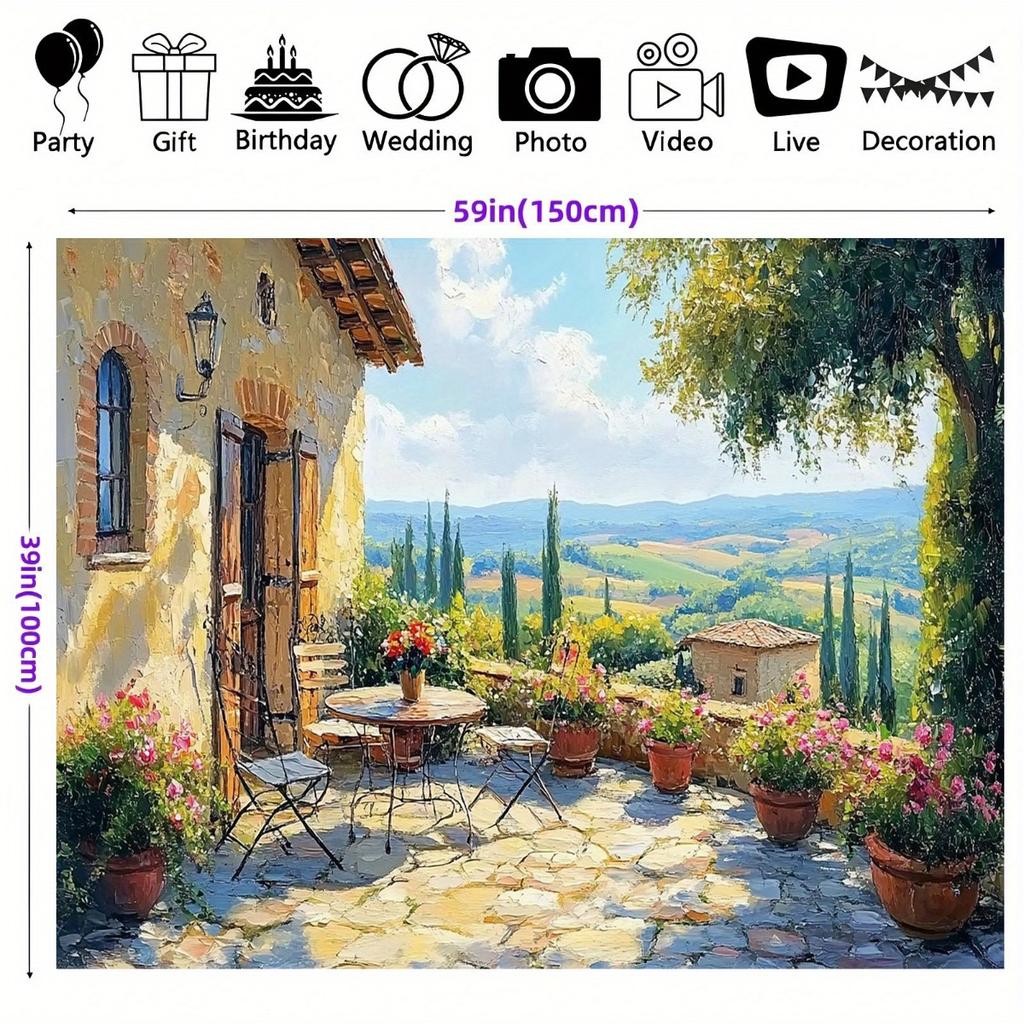 2D Flat Surface 1-piece Tuscan Terrace Photography Backdrop Suitable for Weddings and Birthdays