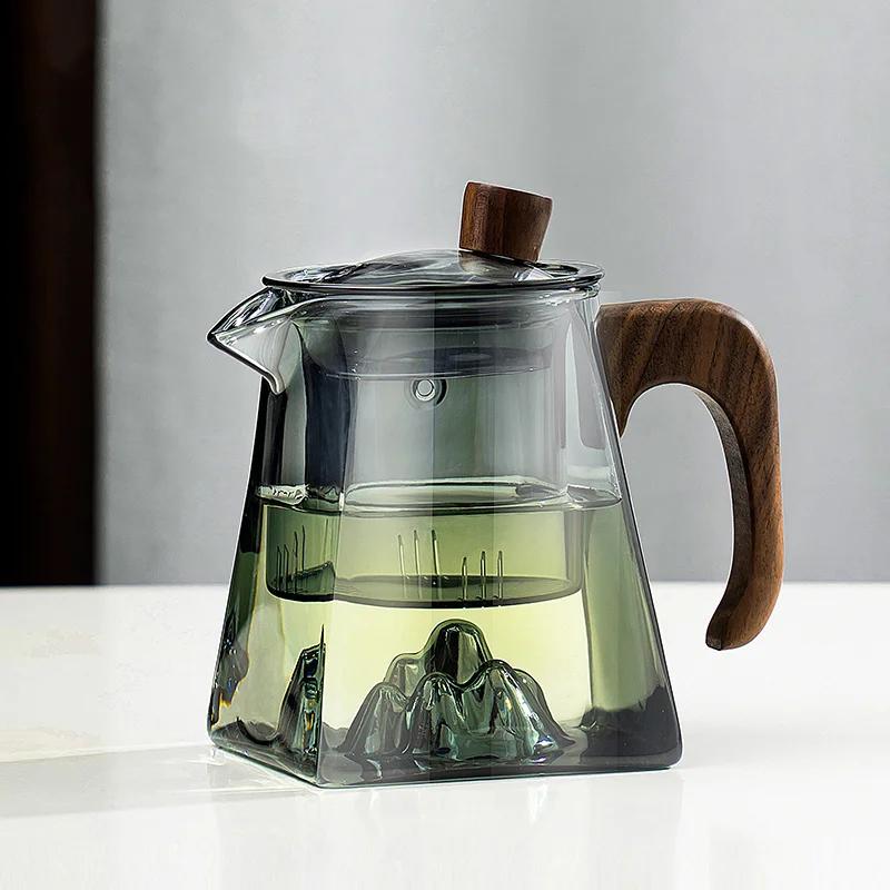 500ML Glass Teapot With Wood Handle Heated Resistant Kung Fu Tea Puer Tea Scented Tea Kettle Transparent Glass Tea Pot Teaware
