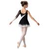 Girls Shiny Rhinestone Contrast Color Performance Dress Round Neck Asymmetrical Split Skating Dance Gymnastics Gown