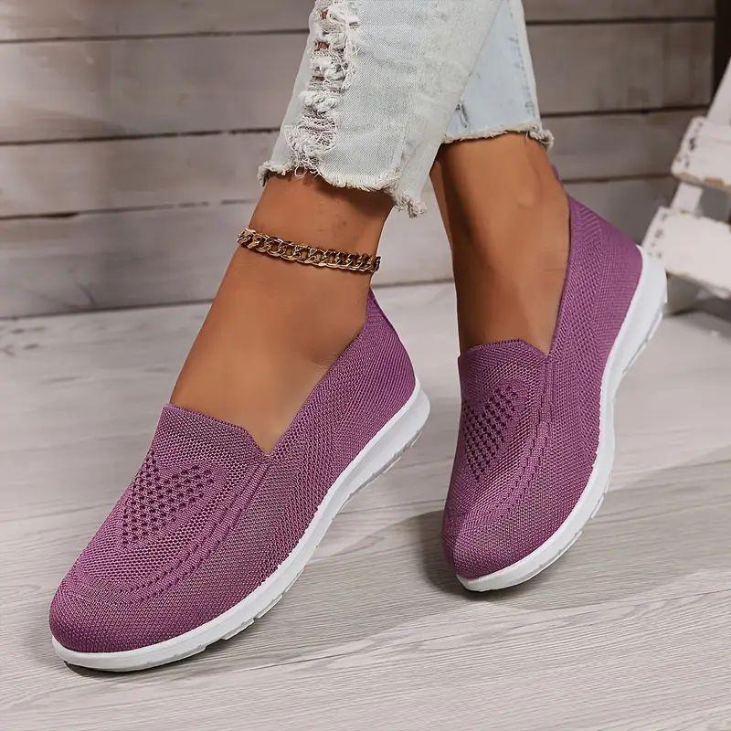 Women's Sports Shoes - Breathable Knitted Fabric, Lightweight Soft Rubber Sole, Daily Comfort, Simple and Elegant Design, Cushioned Comfort