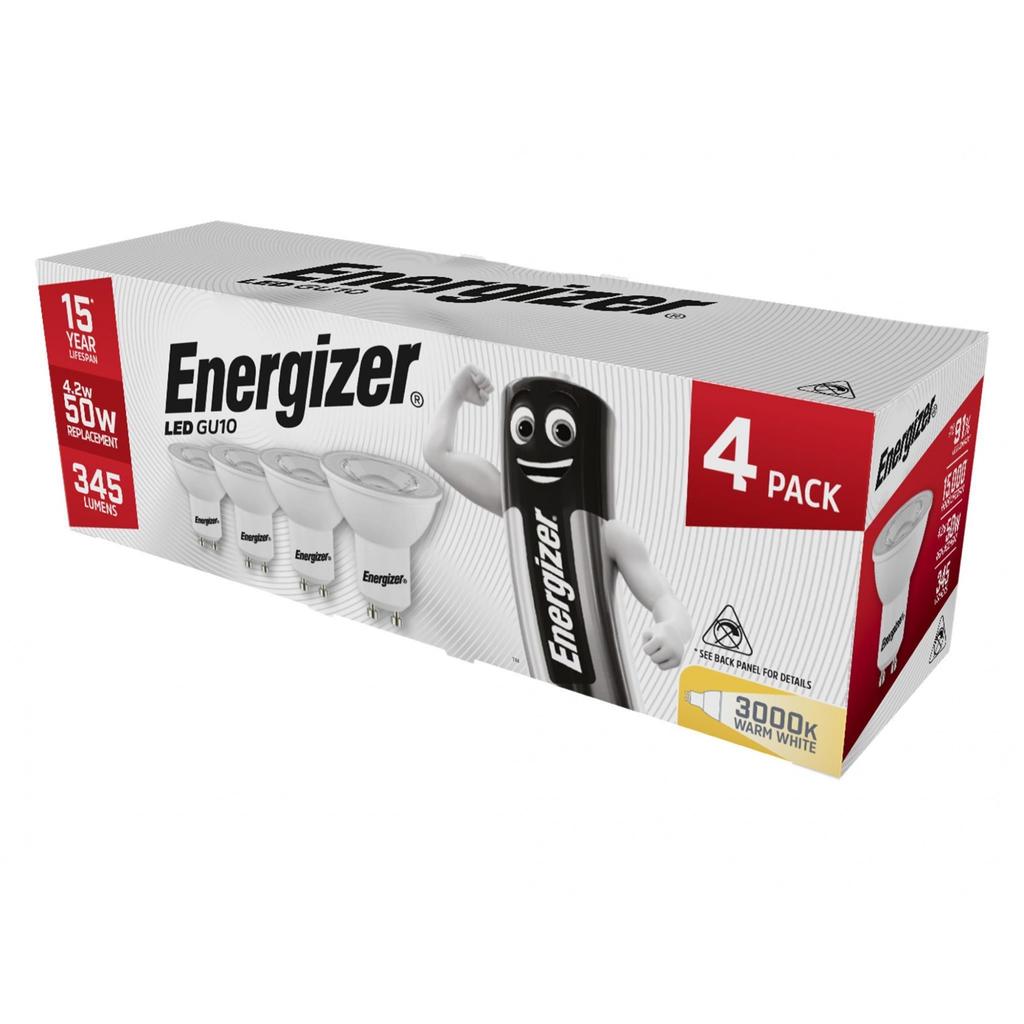 Energizer Led Gu10 50 Non-dimmable Bulb, Warm White 345 Lm 4.2w (pack 4)