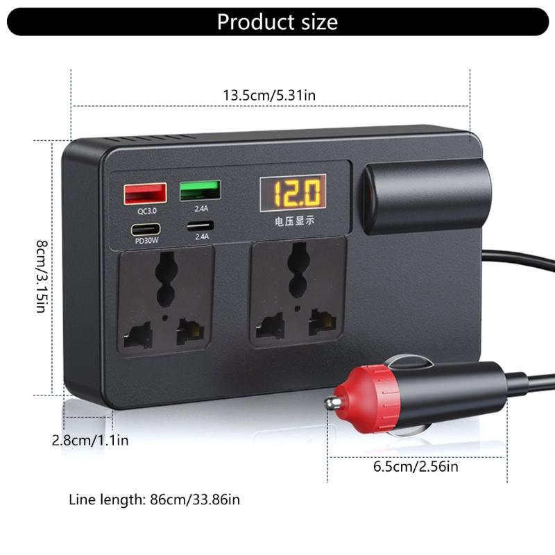 120W Car Power Inverter with PD 30W Type-C & USB-A Port DC12V-24V To 220V Car Plug Adapter Outlet Vehicle
