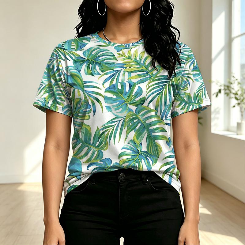 Women's Basic Short Sleeve Top Cotton Breathable Casual Tee with Tropical Plant Print, Ideal for Daily Outfits & Coffee Shop Visits.