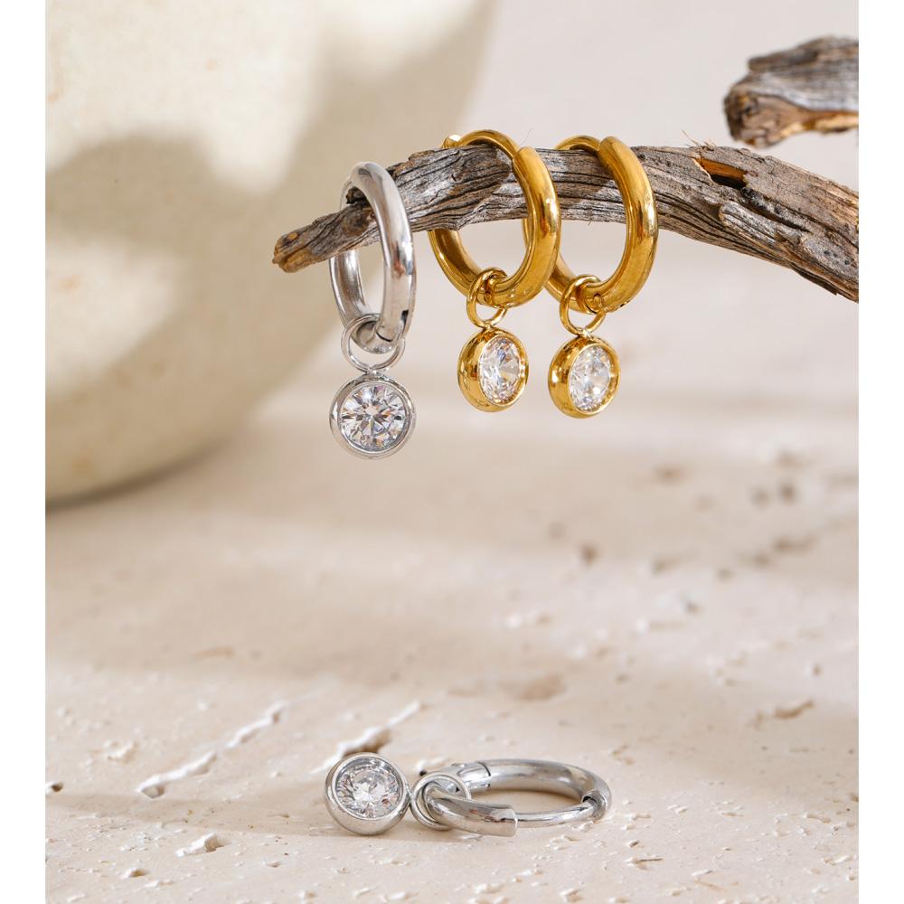 Yhpup Stainless Steel Zirconia Round Drop Hoop Earrings Prevent Allergy Metal Popular Aesthetic Daily Wear Jewelry