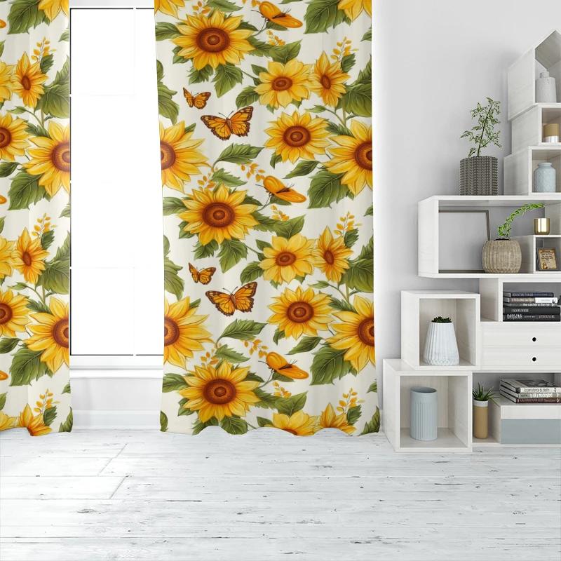 Set Of 2 Yellow Sunflower Butterfly Print Filter Curtain Digital Printing Suitable Living Room Bedroom Home Decoration For Area Made Polyester