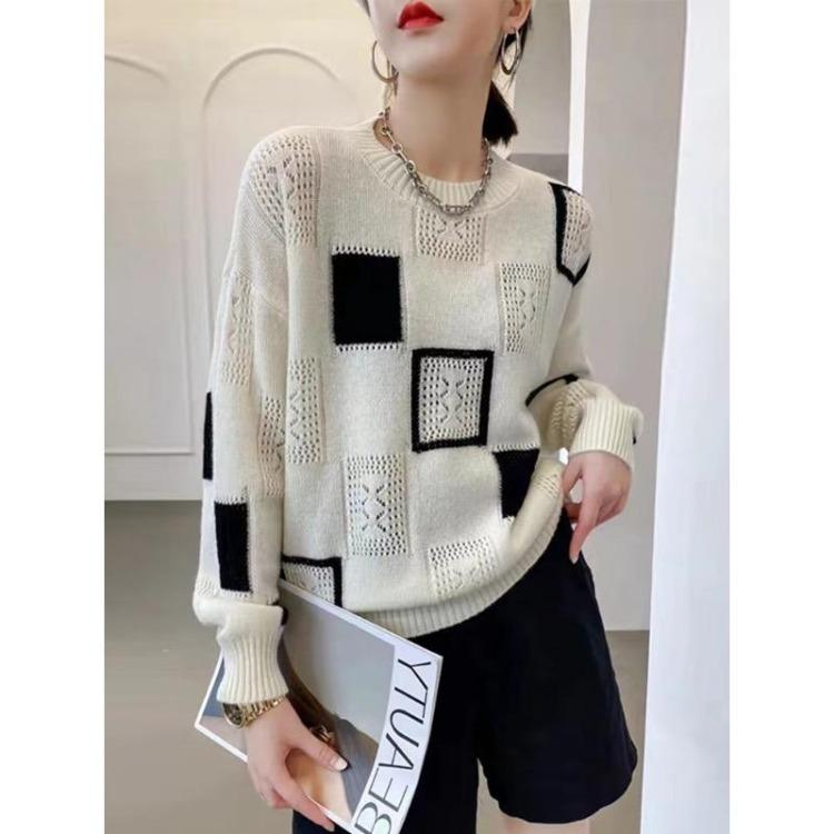 Retro Sweter Top w Szachownicę Color Block z Moheru Cienki Styl Okrągły Dekolt Wiosna Jesień Sweter