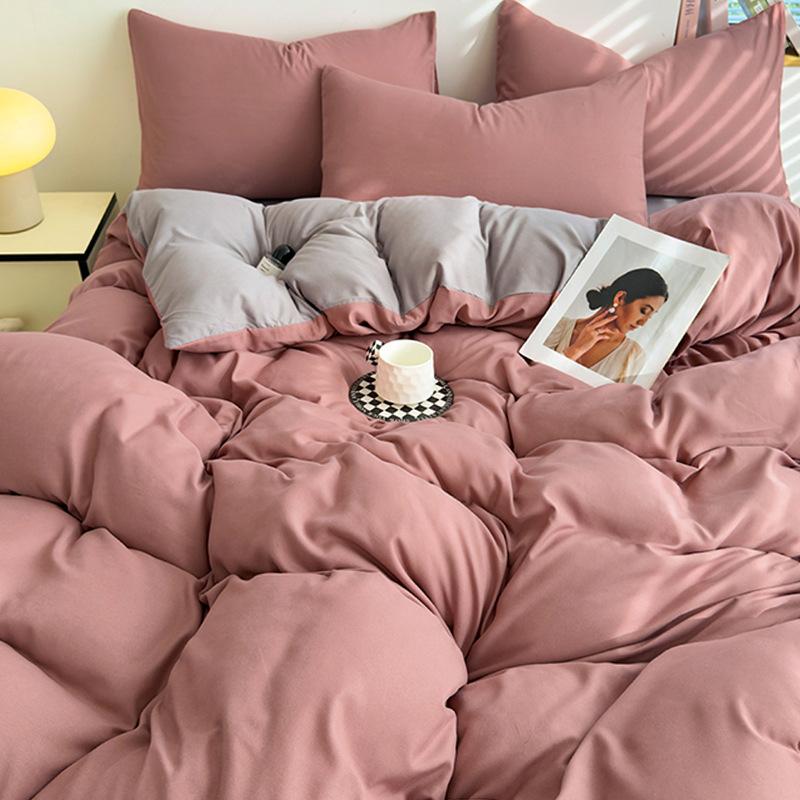 Conjunto de Roupa de Cama Simples de Algodão Lavado Duplamente Torcido - Lençol de Elástico e Capa de Cor Lisa