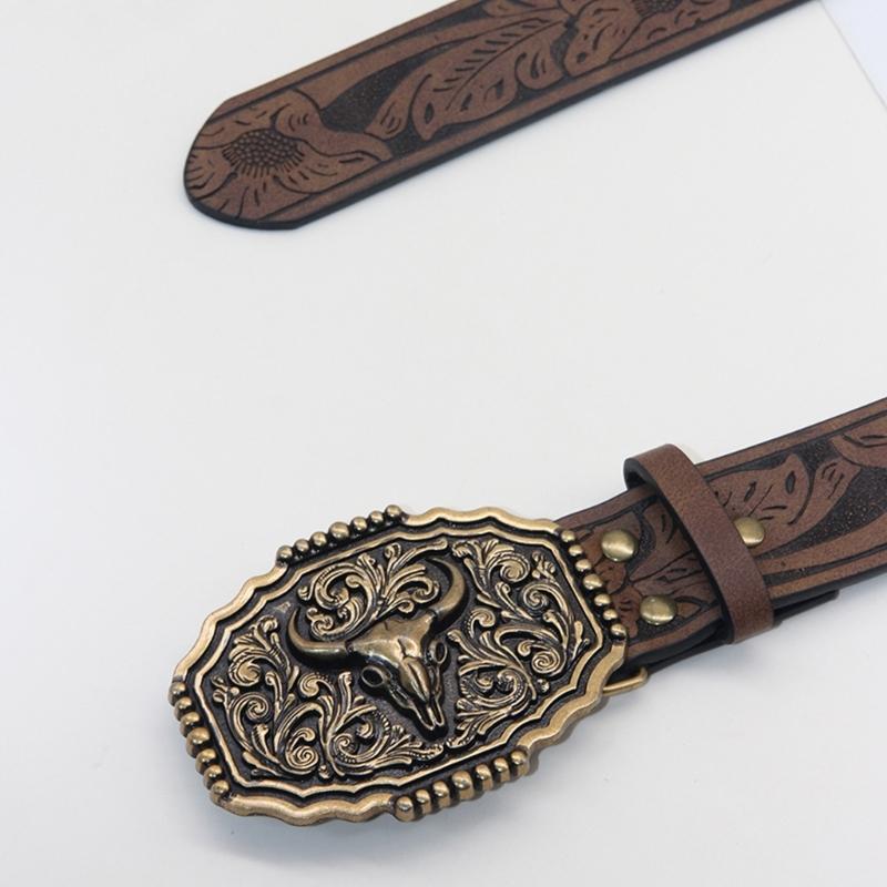 Embossed Pattern Wasitband Adjustable Belt For Daily Use And Outdoor Activity with Metal Bull Head Buckles for Men Women