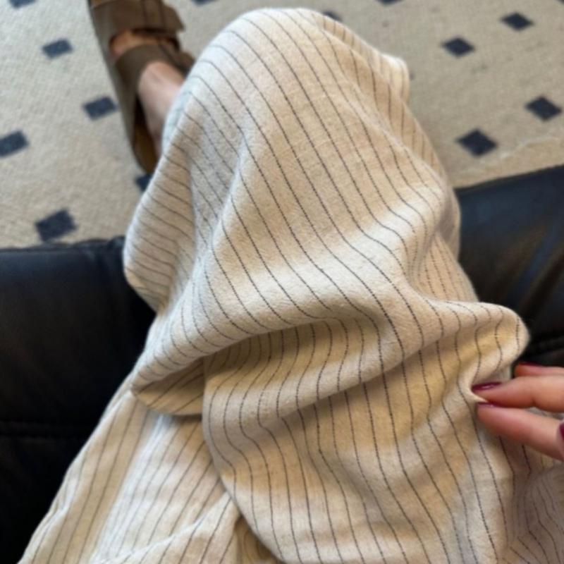 Large American Retro Cotton and Linen Striped Casual Pants for Women In Summer High Waisted Relaxed Straight Leg Floor Length Wide Leg Pants
