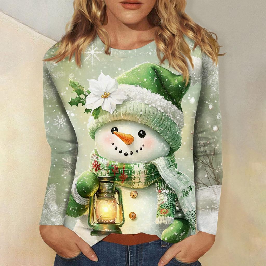 Women's 3D Christmas Snowflake Snowman Printed Round Neck Long Sleeve T-shirt Casual Long Sleeve Top Party Loose Women's Top