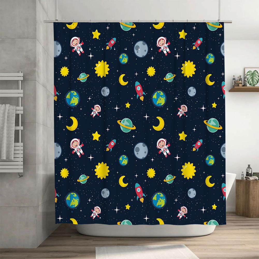 Space-Themed Shower Curtain Set With Astronaut Pattern For Home Decor In Navy Blue 180X240Cm Waterproof Fabric