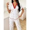 [Elegant Pajama] Comfy Elegant Women's Pajama Set | V-Neck Lace Trim, Short Sleeve Top & Long Pants, Red & White Cherry Print, Loungewear