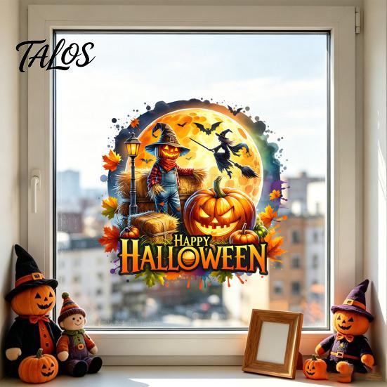 Holiday Gift for Friends Halloween Static Sticker, Cartoon Candy Jar/Scarecrow Shape Window Clings, DIY Wall Decor PVC Removable Decorative