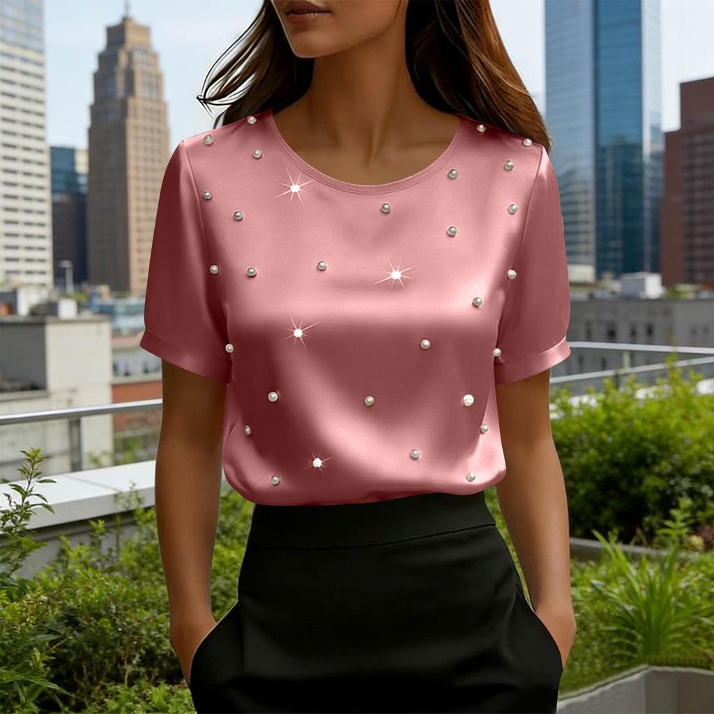 Bluză de damă din satin cu perle, gât rotund mătăsos, mâneci scurte, croială lejeră, cămașă casual formală.