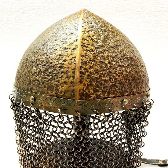 Medieval Norman Viking Brown Amour Iron and Brass Gjermundbu Chainmail Wearable Helmet with Wooden Stand