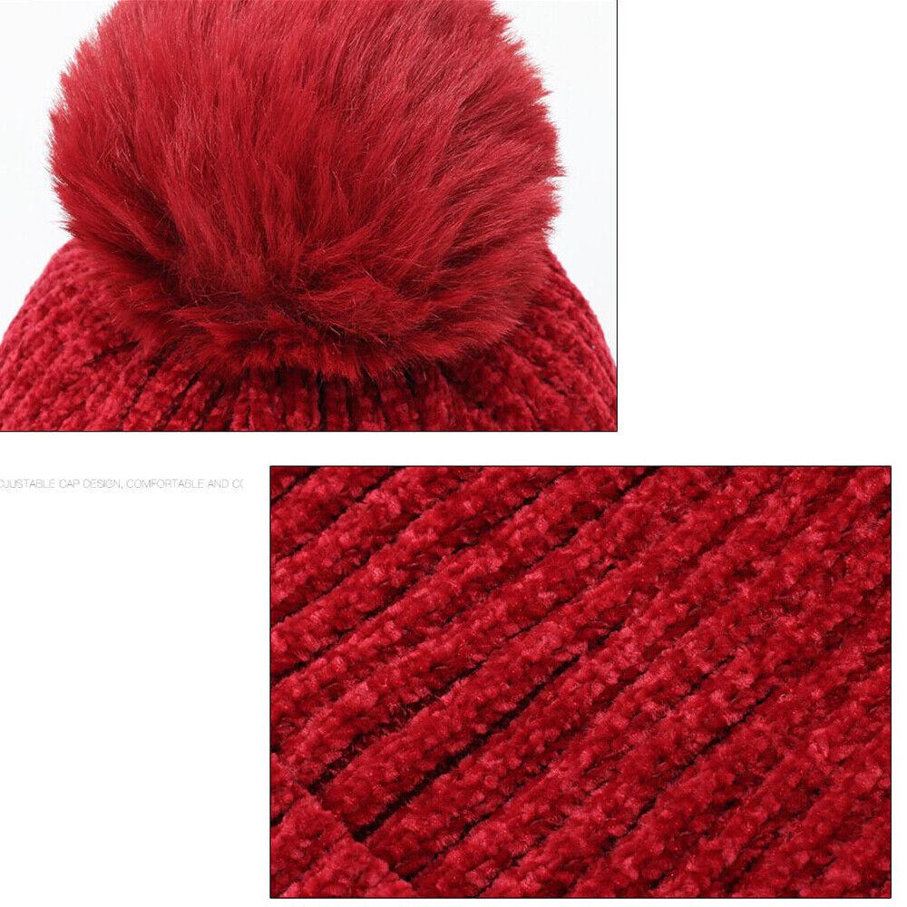 Knitted Bobble Hat Ladies Kids Beanie Warm Winter Pom-Pom Woolly Matching Cap