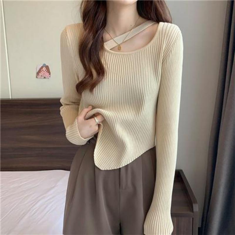 French Irregular Pure Desire Knitted Bottom Shirt for Women's Spring and Autumn Laydown Unique Short Collar Top