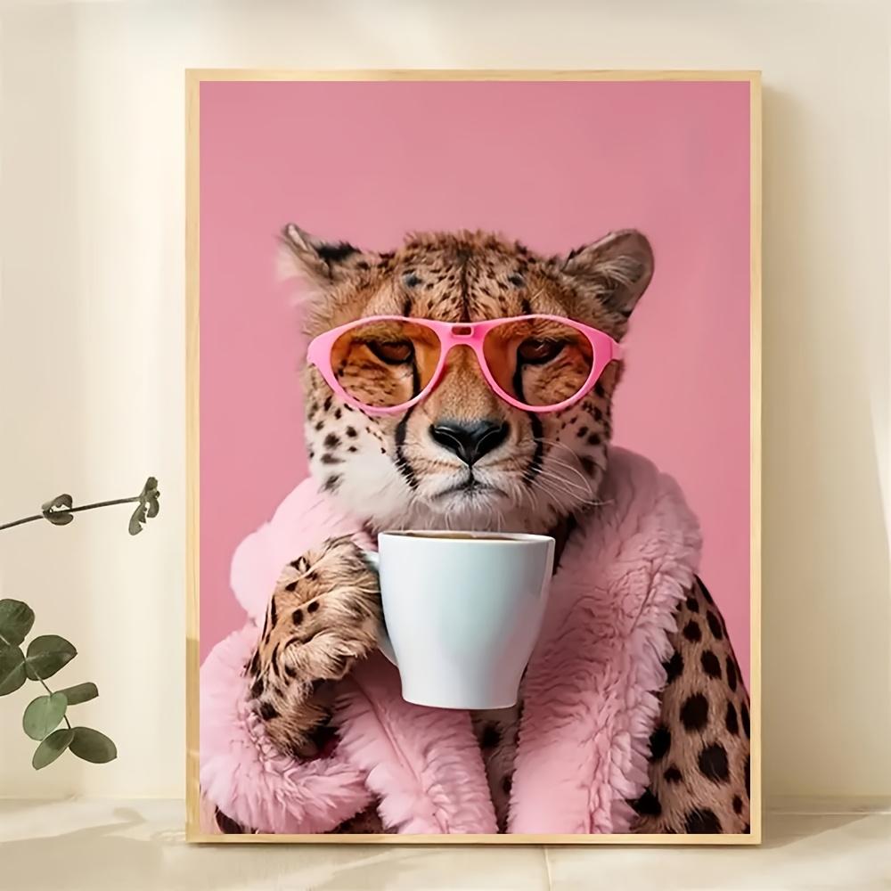 Canvas Art Print,Frameless Poster, Perfect for Animal Lovers, Wall Decor Home, Office, Cafe Charming Cheetah Drink Coffee
