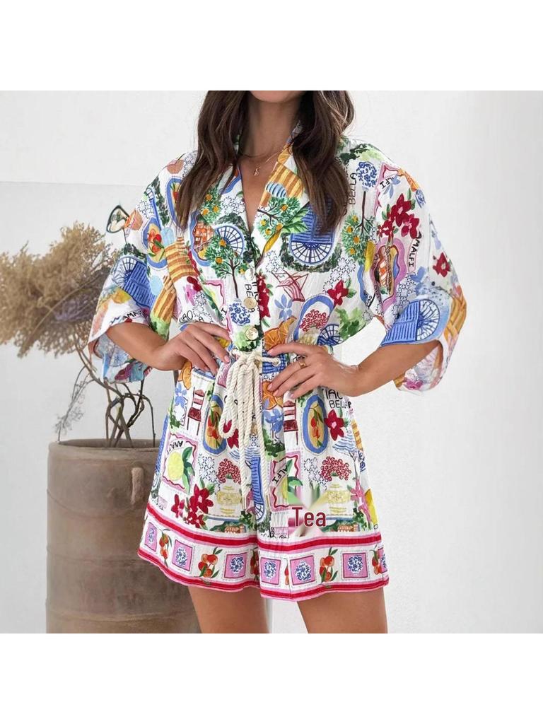 2025 Summer Resort-Style Linen Printed Tie-Up Jumpsuit for Women