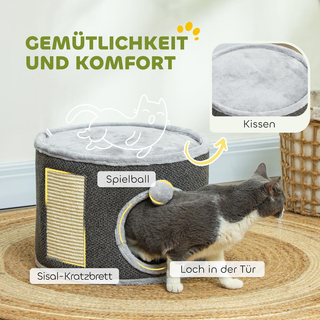 Cat Cave, 2 Levels, Cat House, Plush, Cushion, Sisal Scratching Board, Diameter 40 X 30H Cm, Dark Grey