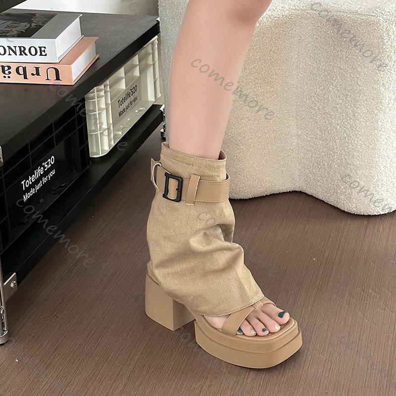 Comemore Two Wear Thigh-high Sndals Boots Summer Thick Bottom Trouser Tube Boots Chunky High Heeled Sandal for Women