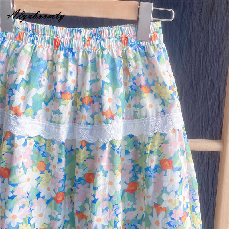 Mori Girl Sommar Kvinnor Blommig Semesterkjol Hög Midja Utskuren Lapptäcke Bomull Elegant Söt A-linjekjol