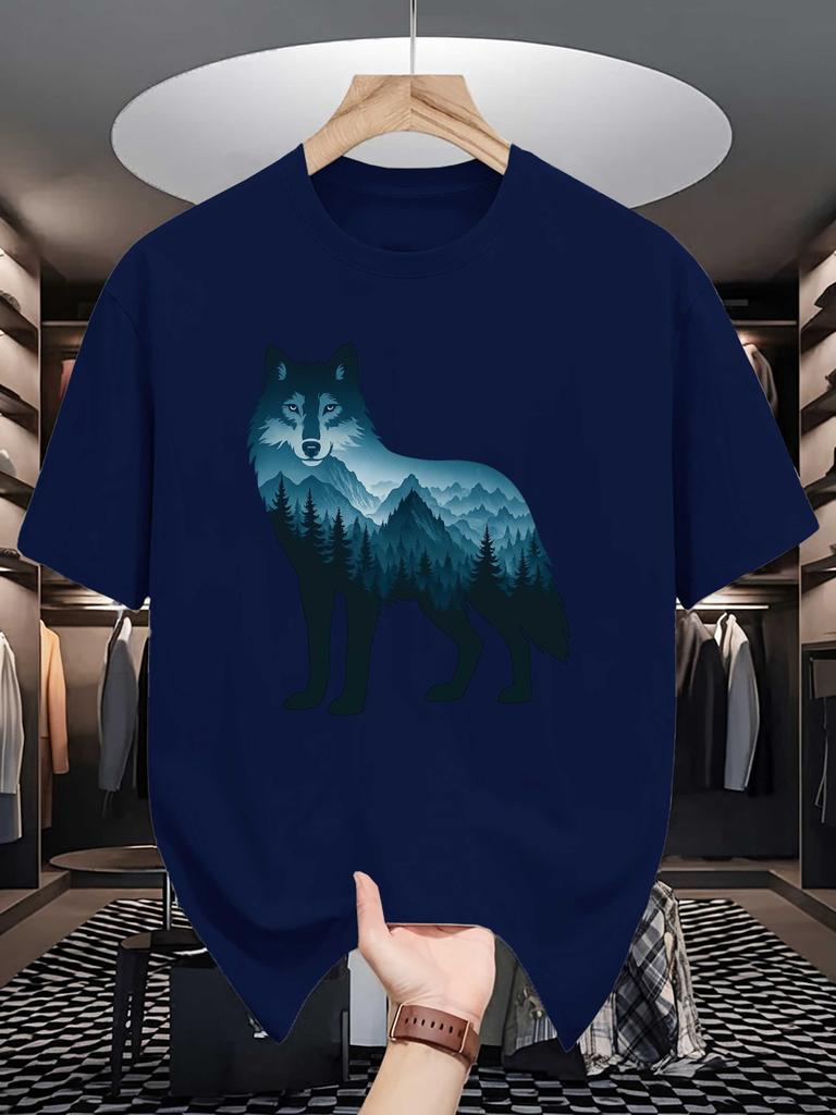 Unisex Yellow Tee Wolf Mountain Forest Silhouette Graphic Print Crew Neck Short Sleeve Summer Casual Male Cotton Street Top