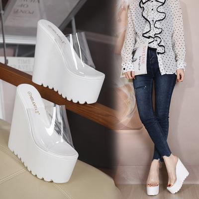 Fashion 16CM Summer Concise Clear Transparent Peep Toe Platform Wedges Slippers Sandals Women Fashion High Heels Runway Shoes