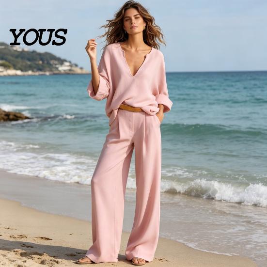 Lockere Passform Damenbekleidung Damen 2-teiliges Baumwoll-Leinen-Set, Langarm V-Ausschnitt Bluse Bequemes Outfit Und Weite Hosen Passend für Sommerurlaub