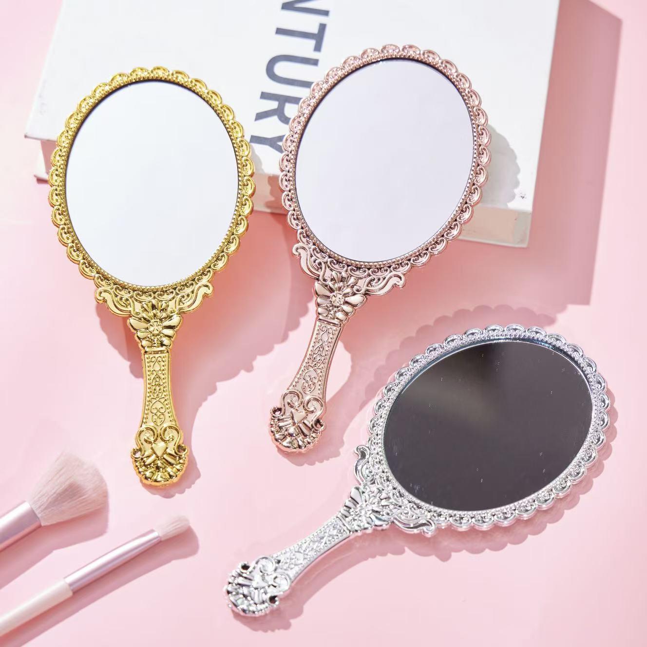 Retro European Handheld Mirror: Plastic with Metal Texture, Perfect for Makeup