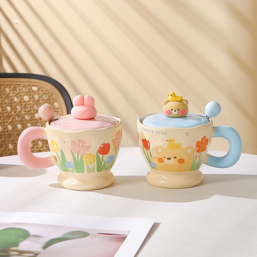 Cute Rabbit Mug Cartoon Bear Ceramic Cup Office Home Couple Water Cup With Lid Spoon Girl Gift