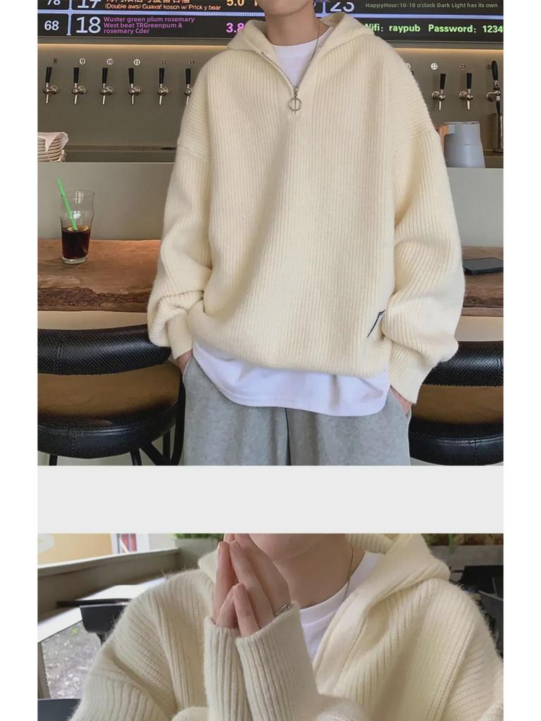 Pánský zimní pletený svetr s kapucí na poloviční zip, volný střih, jednobarevný, ležérní styl pro páry