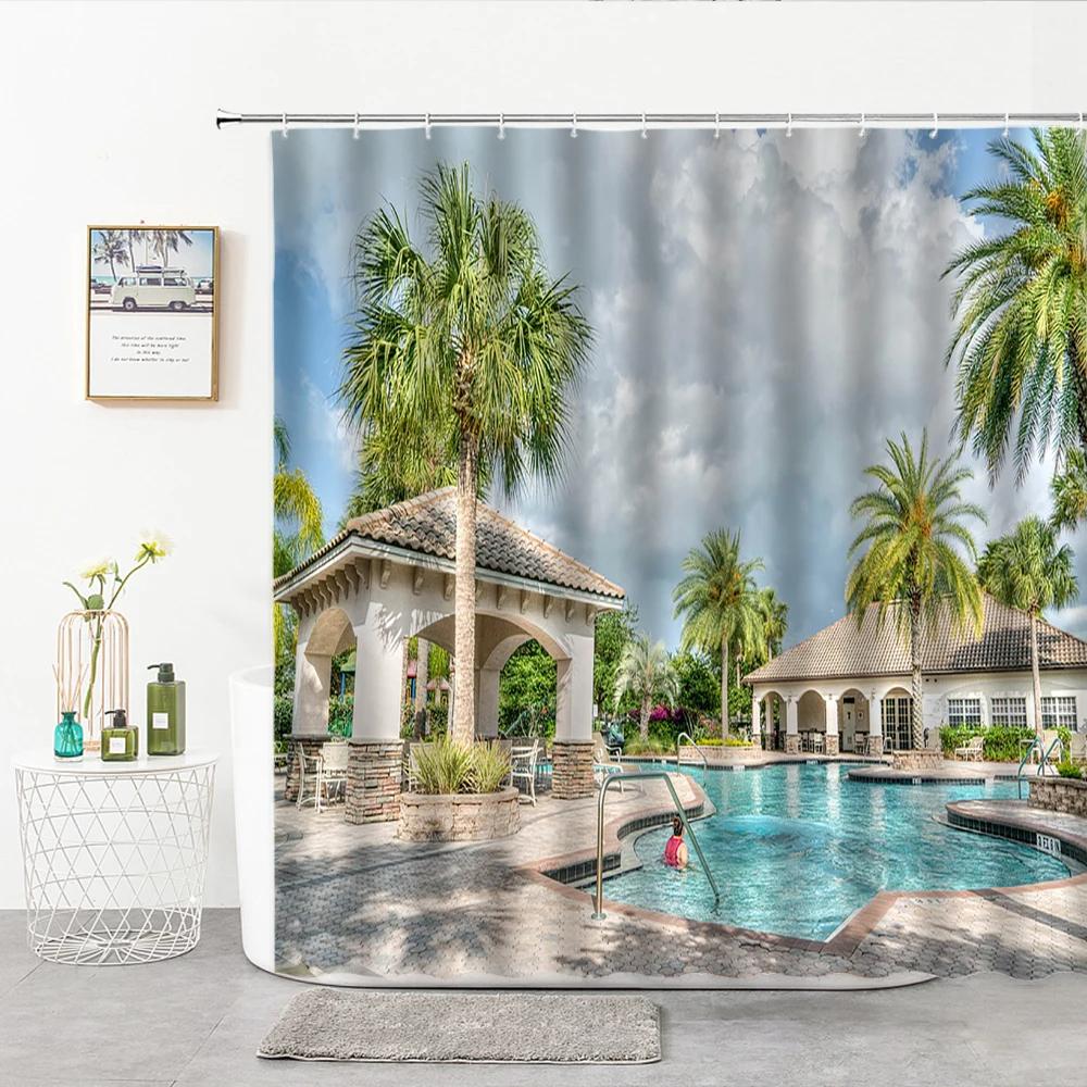 Swimming Pool Pattern Shower Curtain Exotic Ocean Bathroom Curtains Polyester Bathtub Screens Home Decoration with Hook