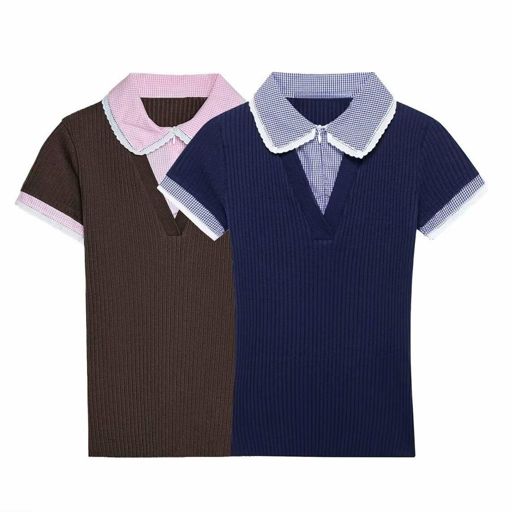 2025 Summer French Retro Color Block Polo Knit Shirt