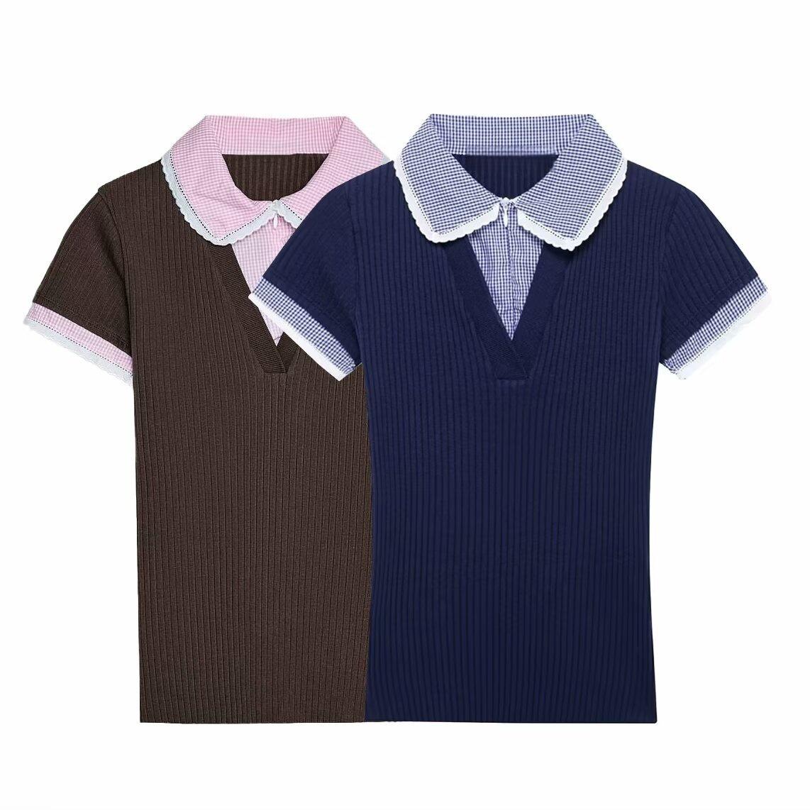 

2025 Summer French Retro Color Block Polo Knit Shirt S