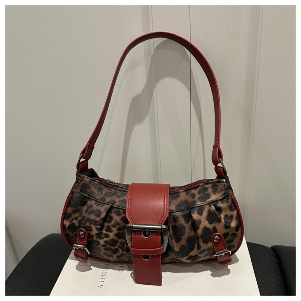 

Retro Large Capacity Shoulder Bag Adjustable Strap Belt Buckle Travel Shopping Bag Leopard Print Handbag Women червоний