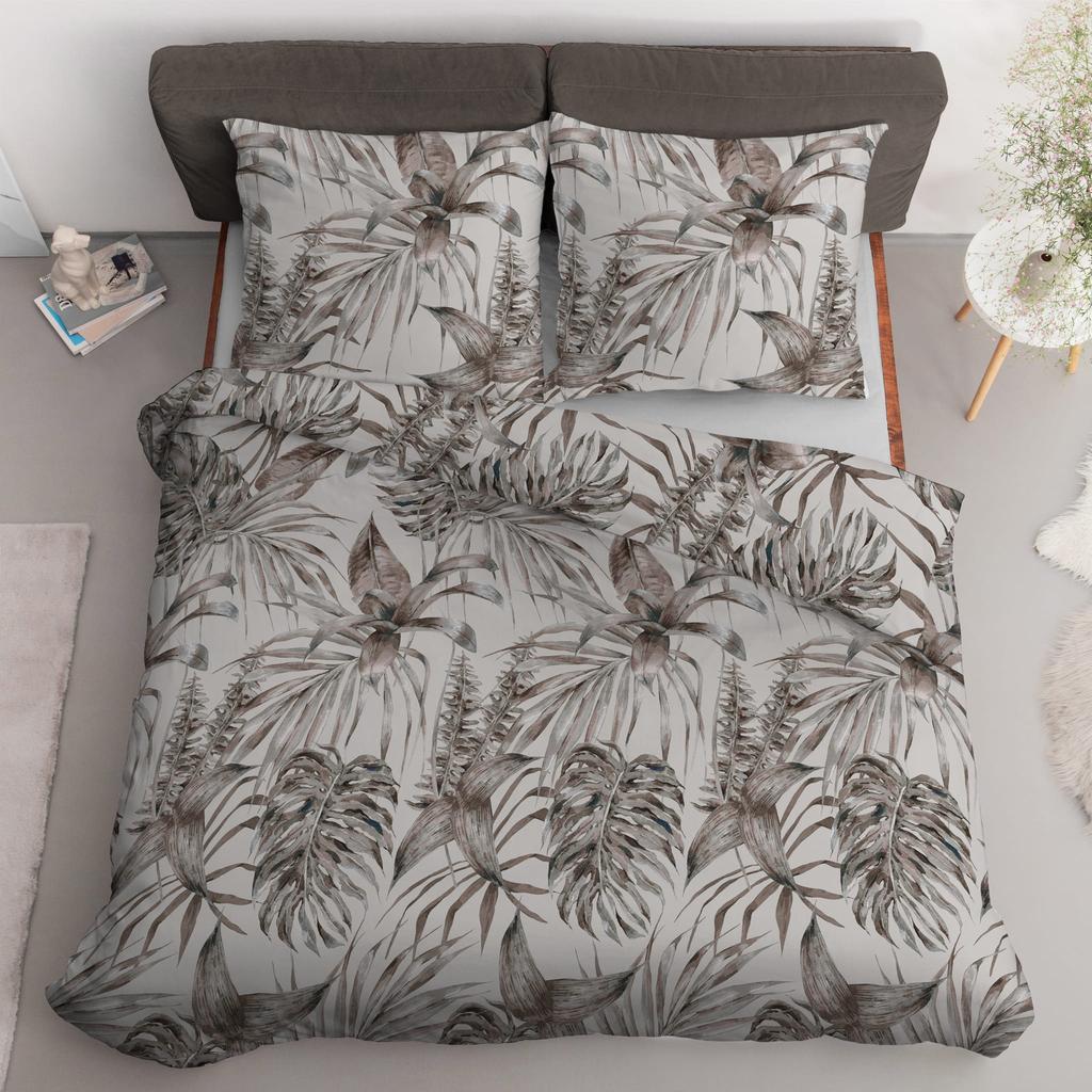 Satin bedding 160x200 leaves beige ash