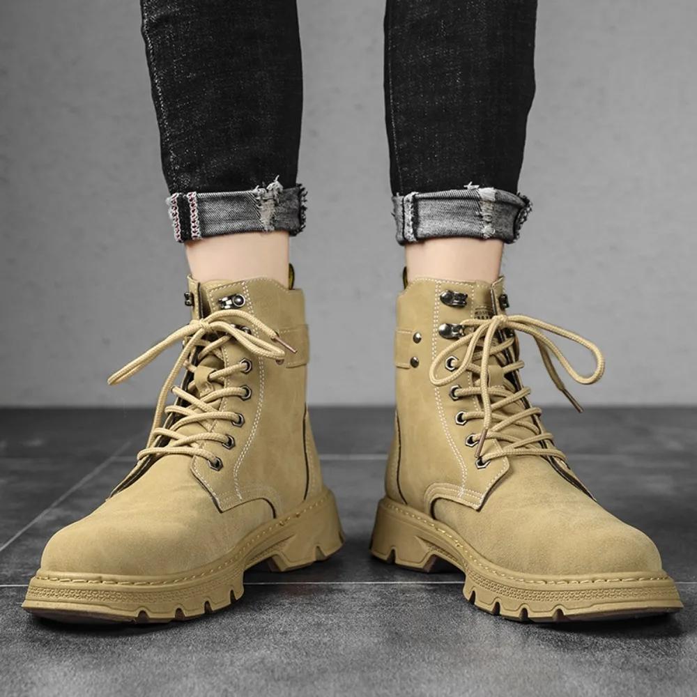 Men's Short Boots for Autumn\winter High Top Lace Up Workwear Shoes Outdoor Casual Mens Boots Side Zipper Mid Top Leather Shoes
