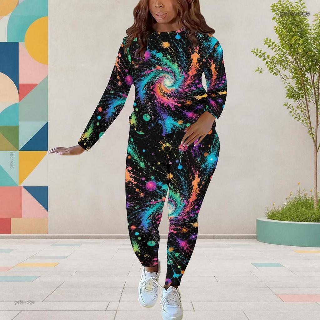 Women Plus Size Round Neck Long Sleeve Printed Top And Fitted Pants Two Piece Set