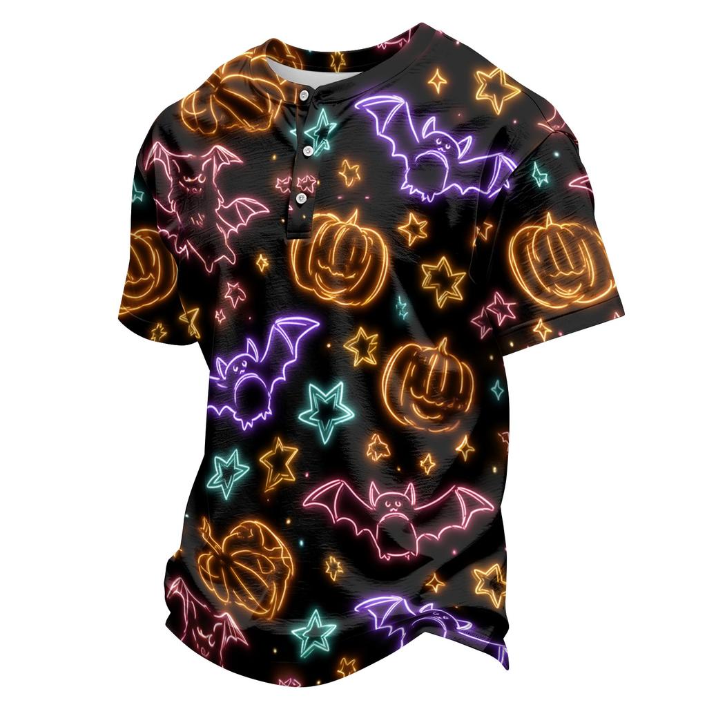 Men's Casual Button Collar Lightweight Breathable Short Sleeve Shirt Halloween Themed Printed Design Comfortable Fit