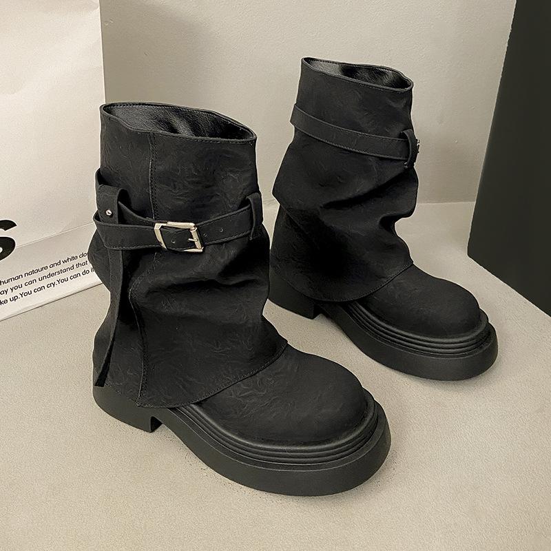 

Ретро белые высококлассные британские ботинки на толстой подошве средней высоты женские 2025 новый летний с юбкой универсальные ботильоны 40 чёрный