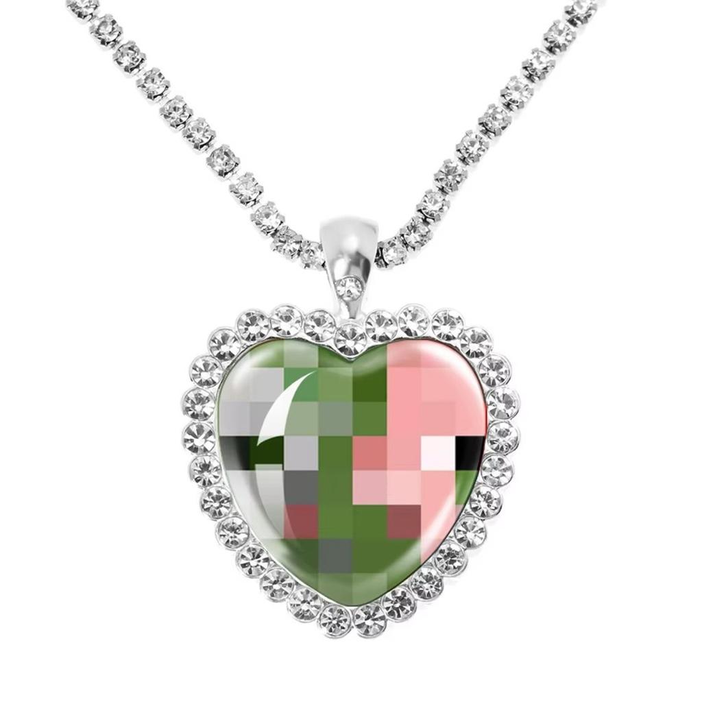 Fun Pixel Block-themed Heart Necklace Accessories, Heart Pendant, Sweater Chain, Rhinestone Necklace