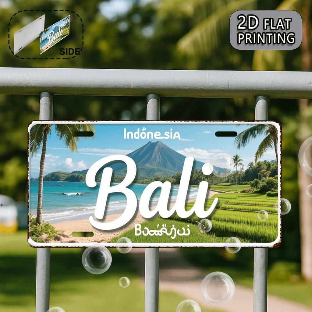 Bali Indonesia Vintage Metal License Plate -  Aluminum Wall Art with Tropical Beach & Volcano Design, Rustic Home Decor for Li