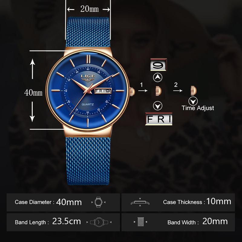 Damen Uhren LIGE Top Marke Luxus Datum Woche Zifferblatt Armband Damen Armbanduhr Weiblich Wasserdicht Quarz Uhr Relogios Feminino