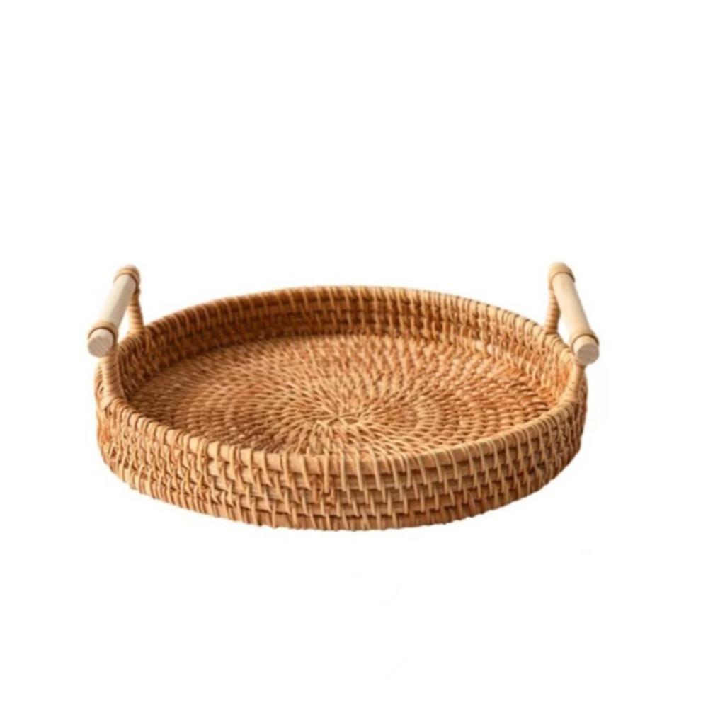 Handwoven Handmade Rattan Tray Round Shape Eco-Friendly Wicker Serving Tray with Handles Large Capacity Food Storage Basket