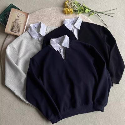 Men's Fake Two-Piece Polo Jacket, Casual V-Neck Sweatshirt, Loose Boxy Pullover, Versatile College Style, Autumn Wear