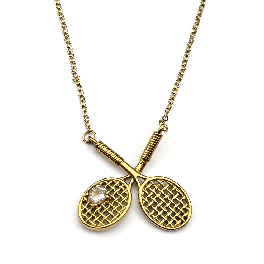 Tennis Racket Hiphop Pendant Necklace  Women Men Stainless Steel Gold Color Rhinestone Sports Personalized Accessories Jewelry