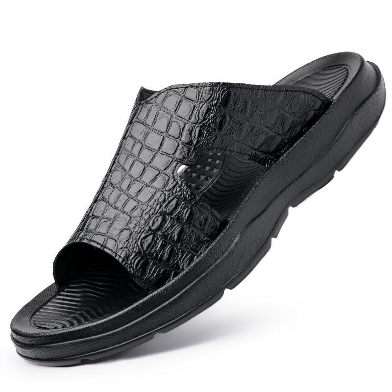 Men s Summer Non-Slip Soft Sole Sandals - Crocodile Pattern Cowhide Beach Slippers, Size 46 43 чёрный
