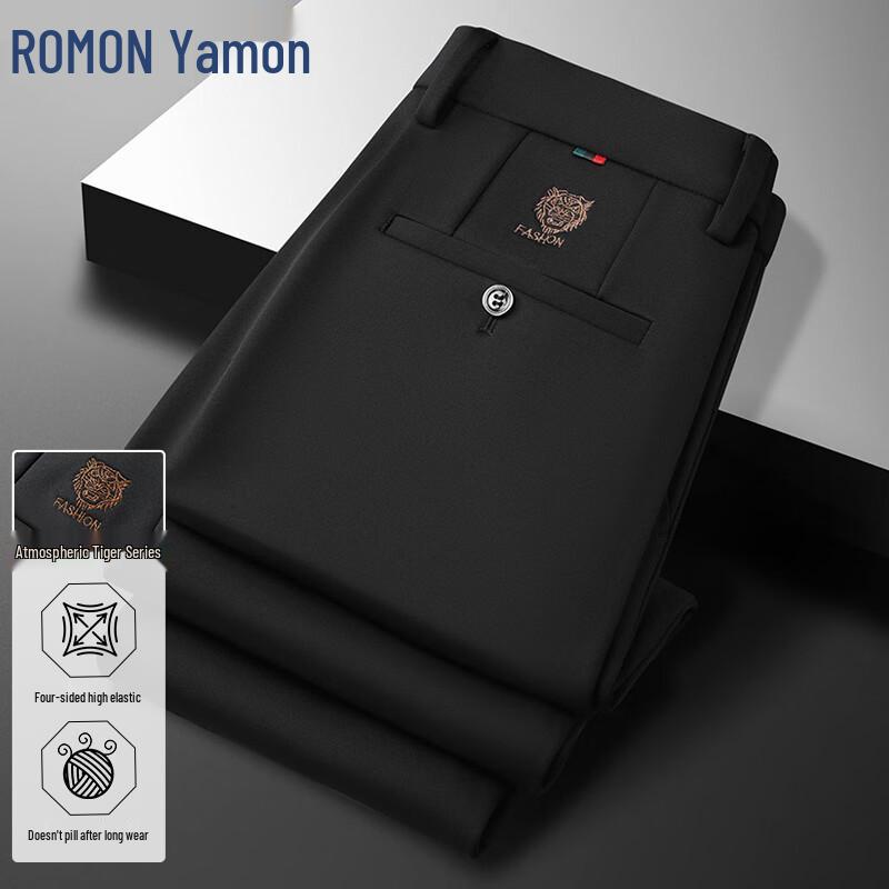 

ROMON Men s Slim Fit High-Elastic Business Casual Knit Pants with Tiger Head Embroidery 32