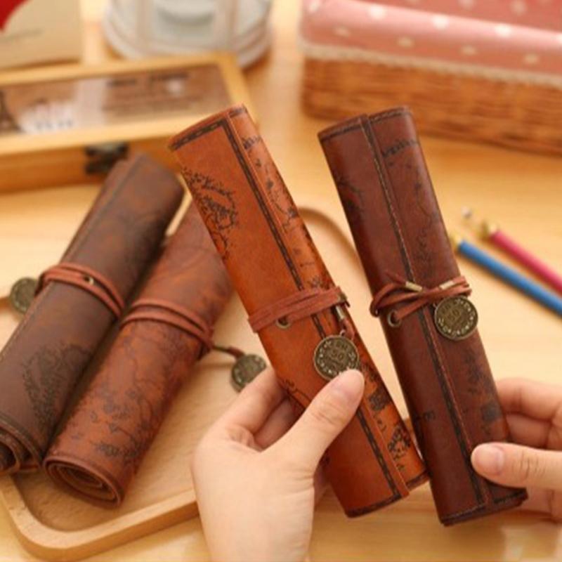 Leather Roll-Up Pouch W/ Embossed Buckle Vintage Treasure Map Pencil Case Large Capacity School Office Organizer